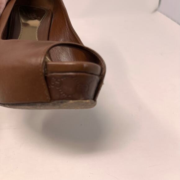 Gucci Womens 36 Chocolate Brown Leather Sofia Platform Stiletto Peep Toe Heels - Picture 14 of 16
